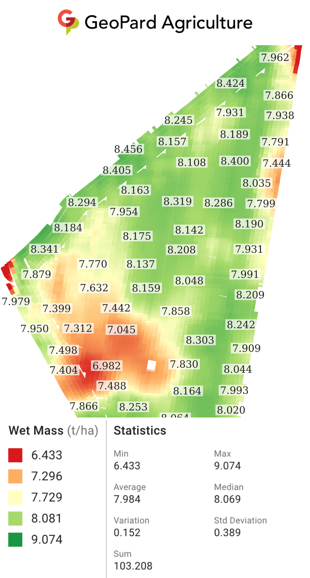 Calibrated wet mass yield map for harvest 2023-08-08