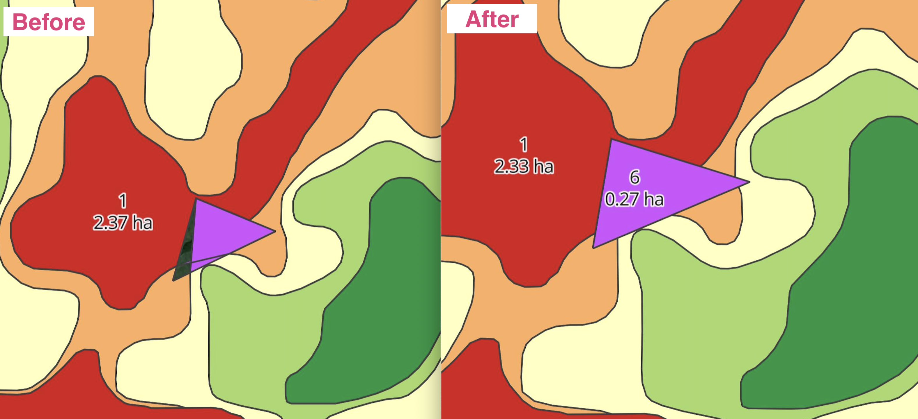 Before-and-after comparison of zone maps showing visible polygon gaps on the left and seamless boundaries after the fix on the right.